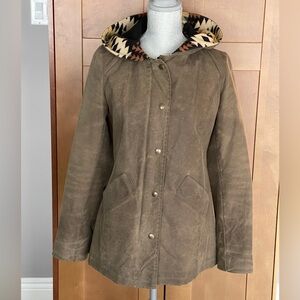 PAUL BRODIE Canada Women's Wax Cotton Khaki Hooded Coat w Wool Accents - S - EUC